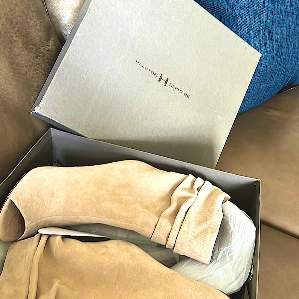 Halston Heritage peep toe suede ankle bootie.